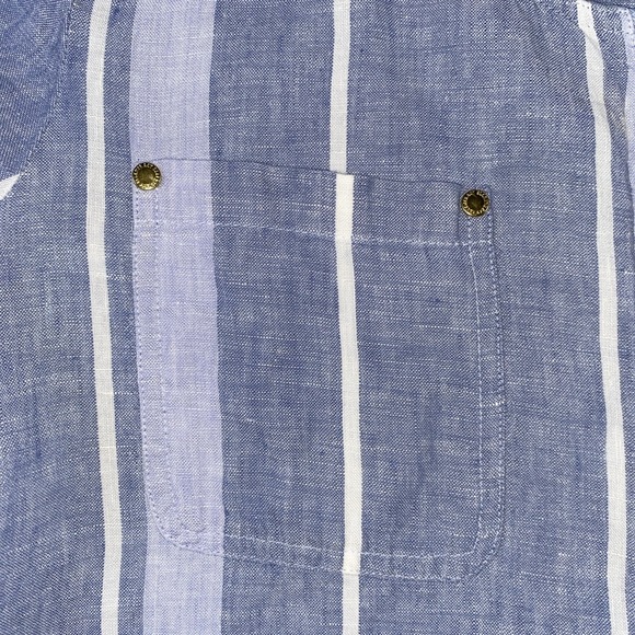 Ellen Tracy Linen Blouse Women's Large Blue Stripped Gold Zip‎ Pocket Nautical - Picture 6 of 8